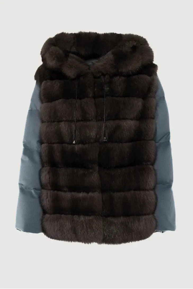 Короткий синий пуховик из кашемира Loropiana с темным соболиным мехом - фото 8