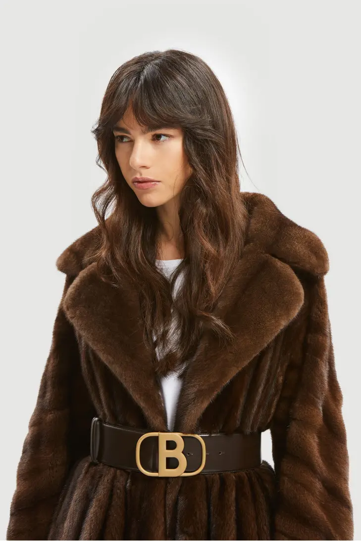 Длинная коричневая шуба из норки Scanbrown с поясом - фото 4